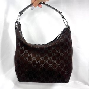 1990s Rare Style Velvet Chocolate Gucci Monogram Handbag